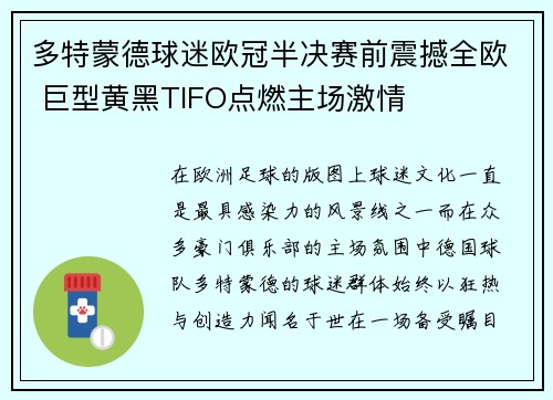 多特蒙德球迷欧冠半决赛前震撼全欧 巨型黄黑TIFO点燃主场激情
