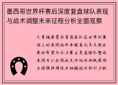 墨西哥世界杯赛后深度复盘球队表现与战术调整未来征程分析全面观察